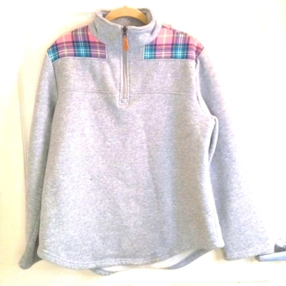Top It Off  EUC Sweat Shirt 1/4 Zip Medium Gray & Pastel Plaid Soft Sp…